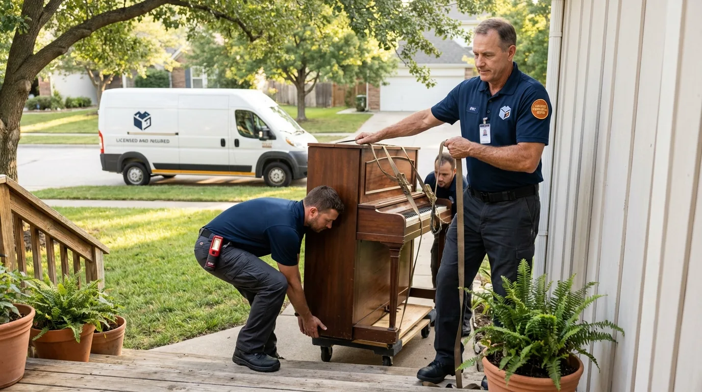 Licensed piano movers securing grand piano in Wetumka, OK