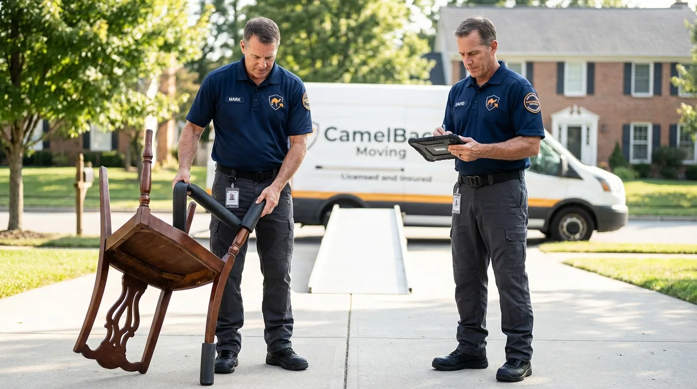 Movers inspecting furniture for damage prevention before loading in Wetumka, OK
