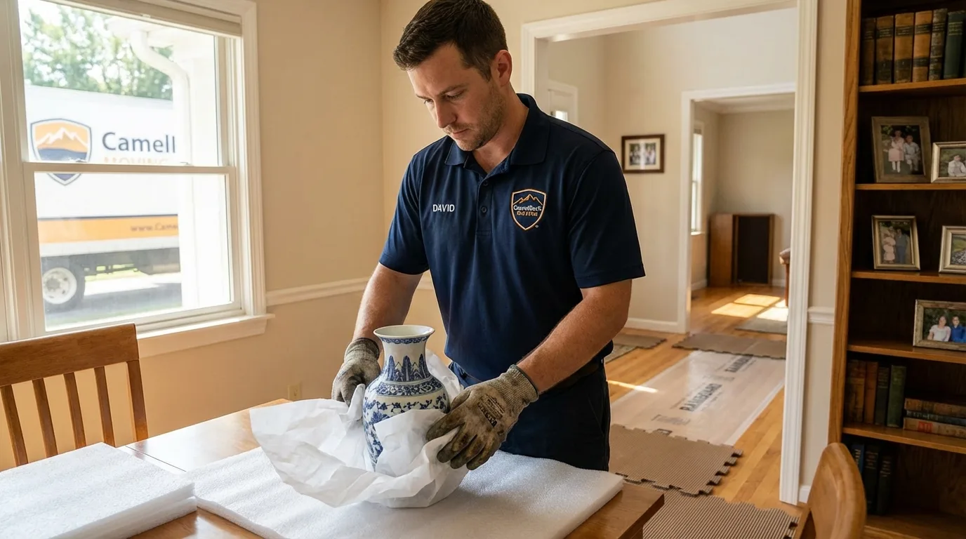 Professional crew carefully wrapping antique vase for senior downsizing move in Wetumka, OK